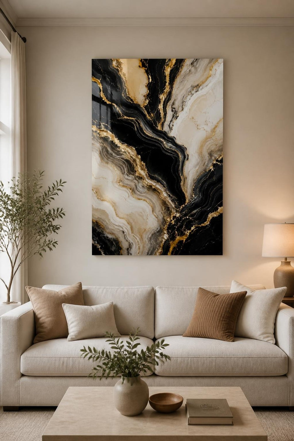 Siyah Gold Mermer Desenli Baskılı Cam Tablo – Lüks Modern Duvar Dekoru — görsel 3