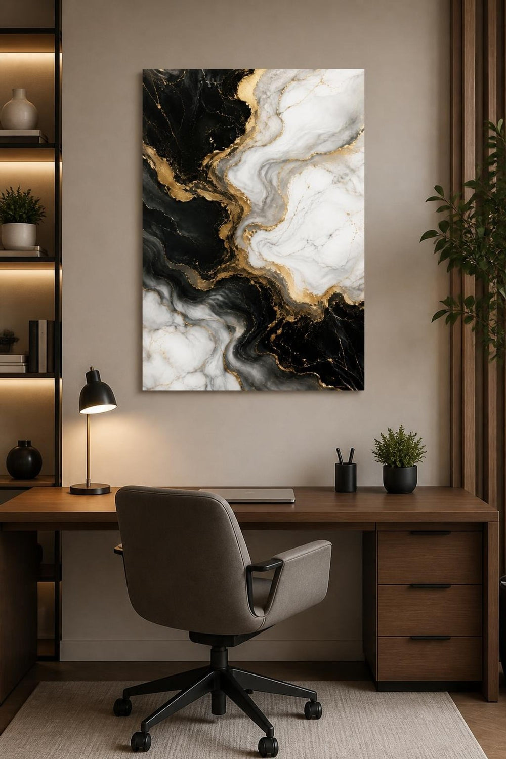 Siyah Beyaz Mermer Desenli Baskılı Cam Tablo – Gold Detaylı Modern Duvar Dekoru — görsel 2