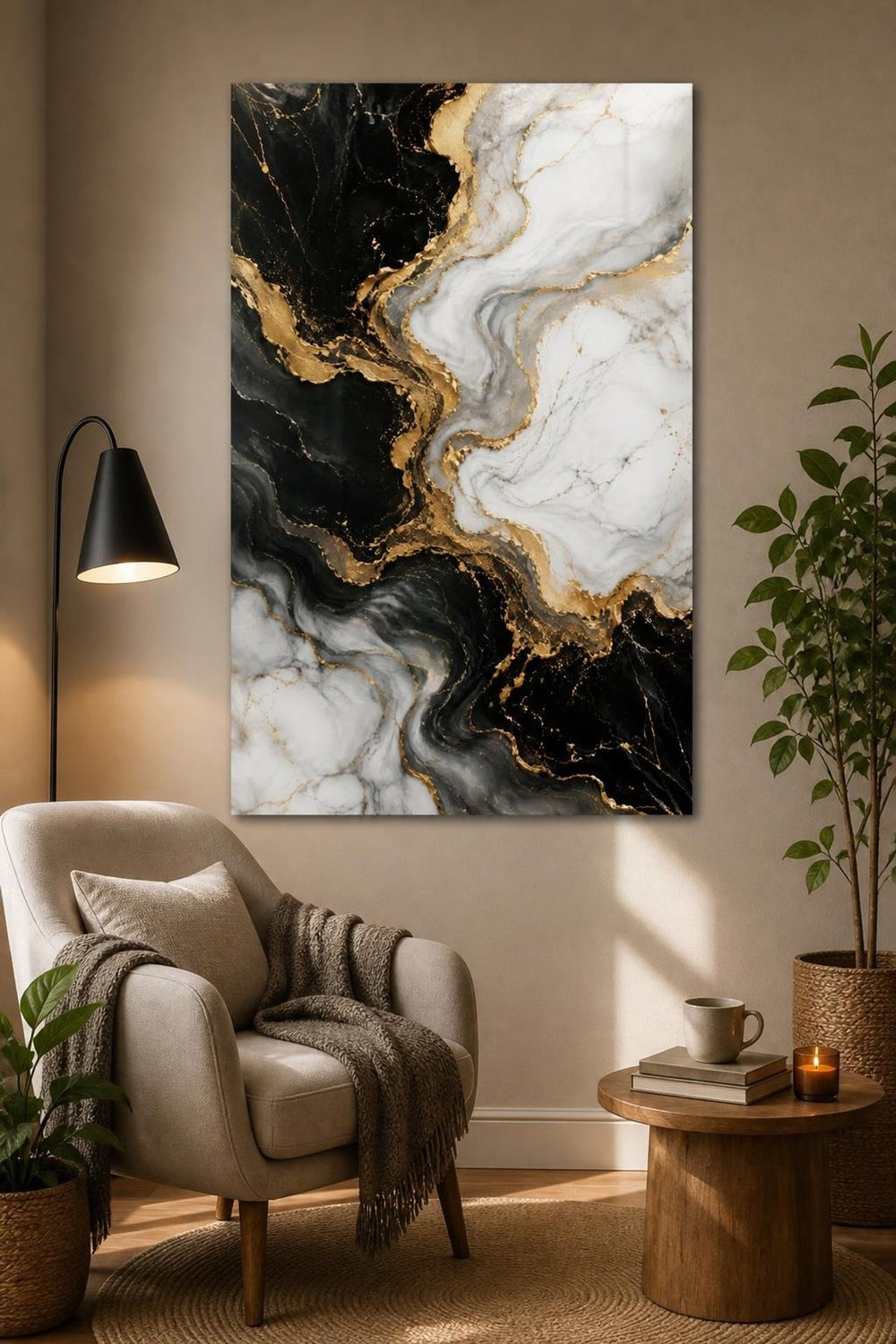 Siyah Beyaz Mermer Desenli Baskılı Cam Tablo – Gold Detaylı Modern Duvar Dekoru — görsel 5