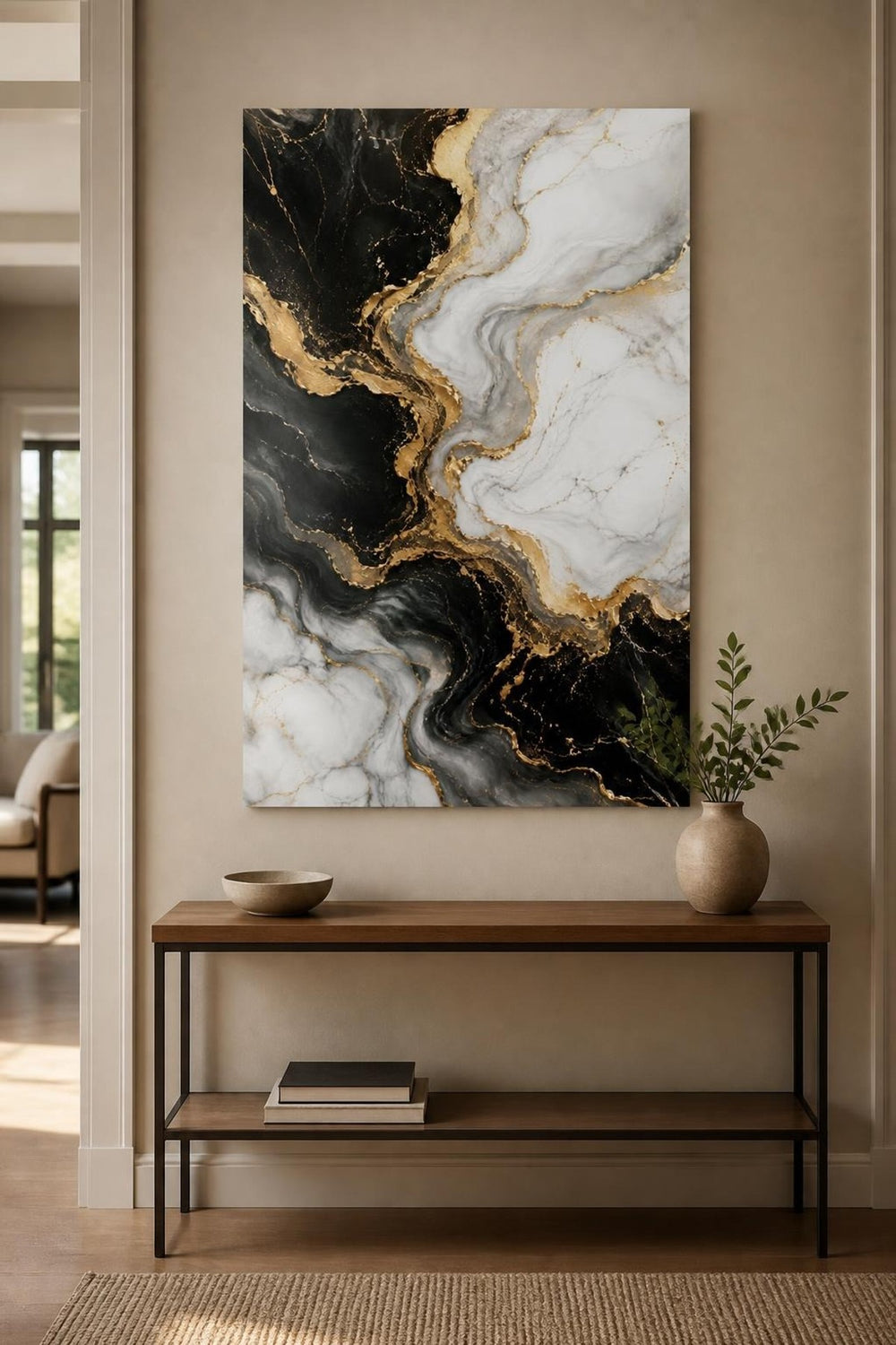 Siyah Beyaz Mermer Desenli Baskılı Cam Tablo – Gold Detaylı Modern Duvar Dekoru — görsel 3