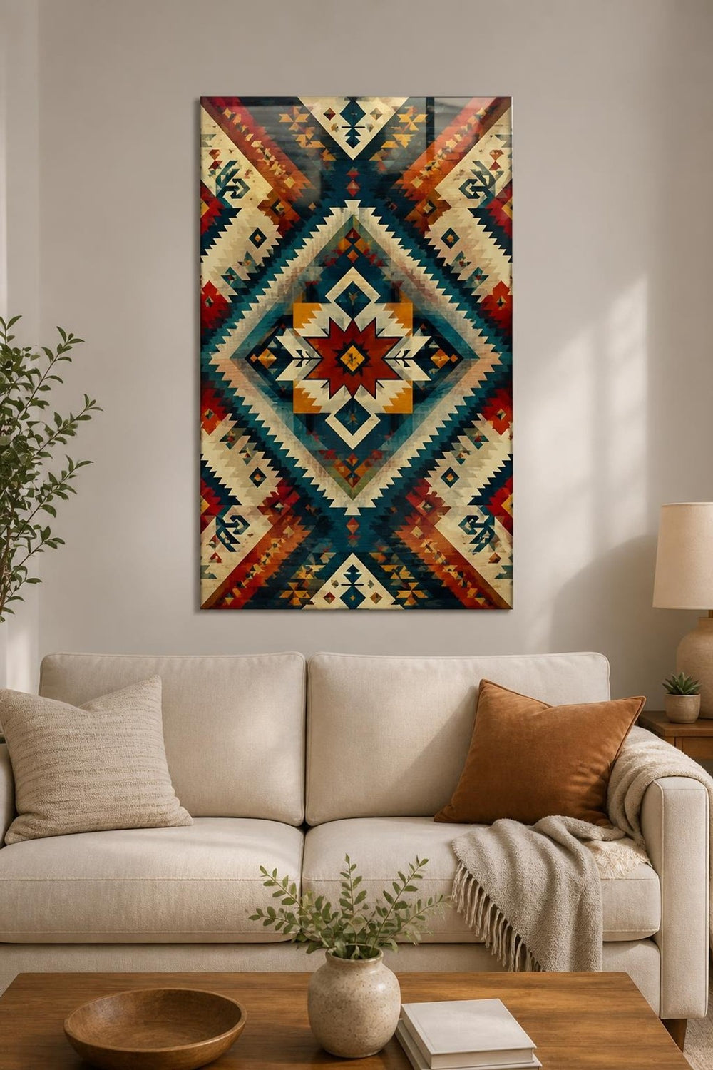 Etnik Kilim Desenli Baskılı Cam Tablo – Geometrik UV Baskı Duvar Dekoru — görsel 2