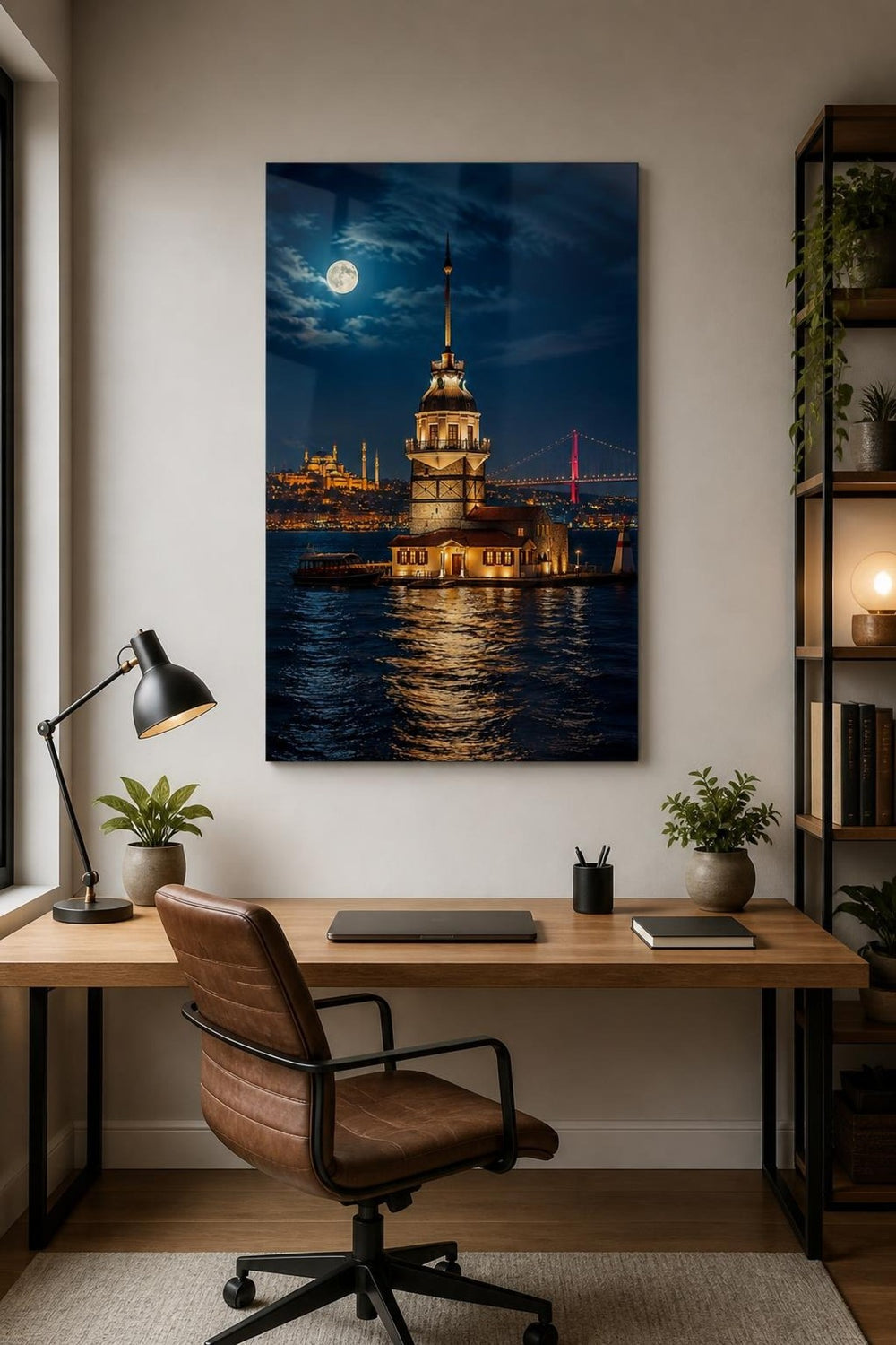 İstanbul Kız Kulesi Baskılı Cam Tablo – Gece Manzaralı Dekoratif Duvar Tablosu — görsel 1