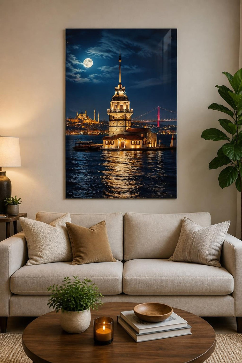 İstanbul Kız Kulesi Baskılı Cam Tablo – Gece Manzaralı Dekoratif Duvar Tablosu — görsel 2