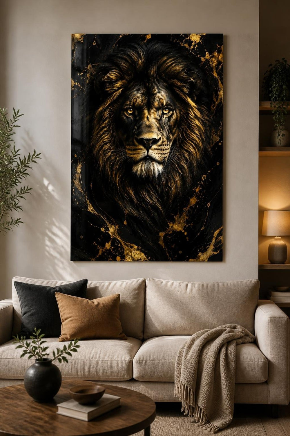 Aslan Desenli Baskılı Cam Tablo – Siyah Gold UV Baskı Dekoratif Duvar Tablosu — görsel 1