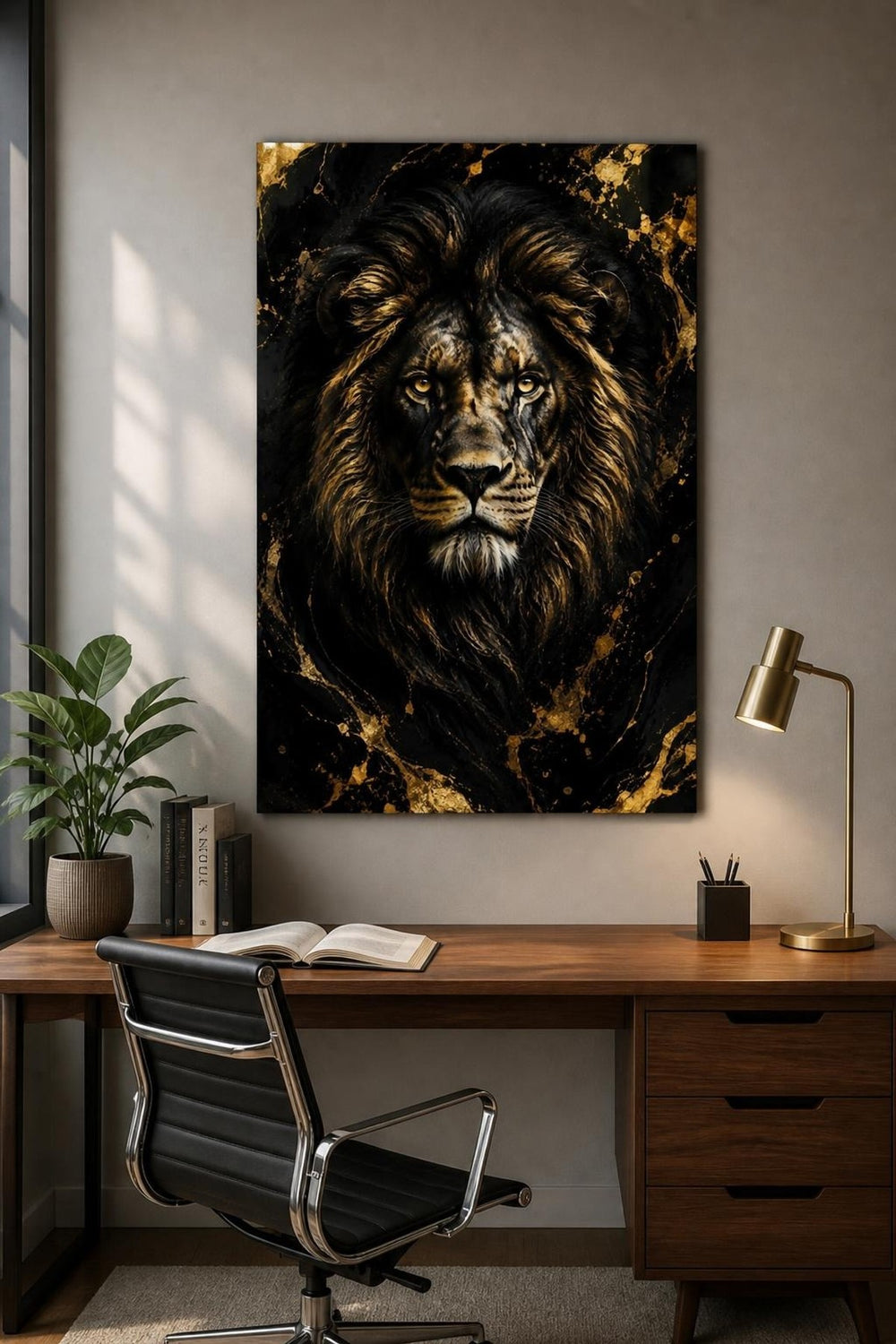 Aslan Desenli Baskılı Cam Tablo – Siyah Gold UV Baskı Dekoratif Duvar Tablosu — görsel 3