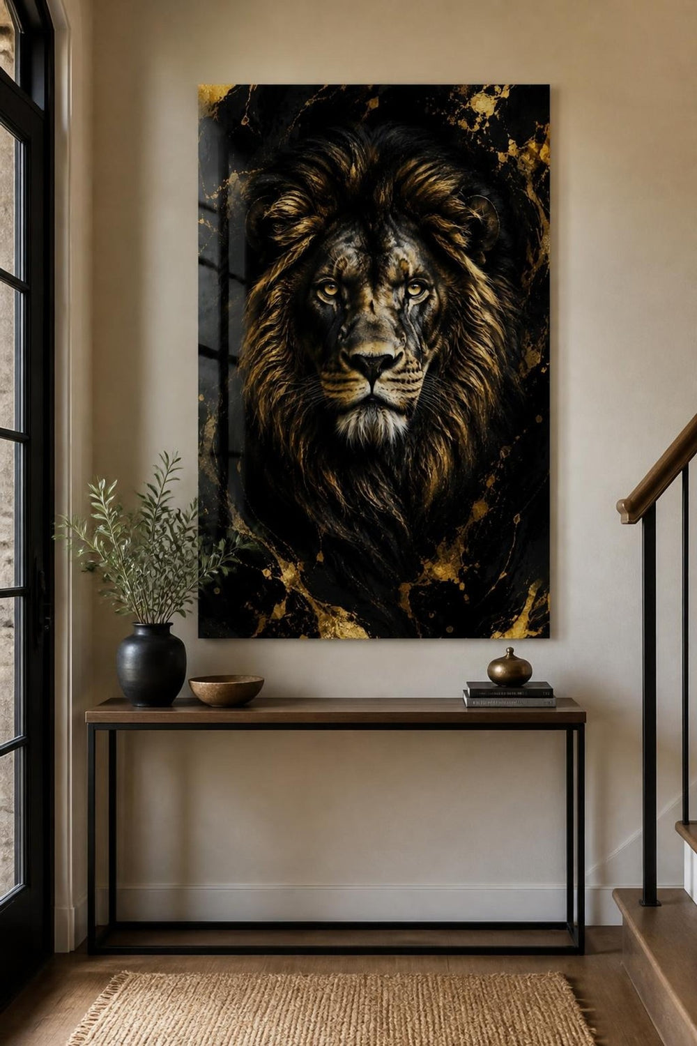 Aslan Desenli Baskılı Cam Tablo – Siyah Gold UV Baskı Dekoratif Duvar Tablosu — görsel 2