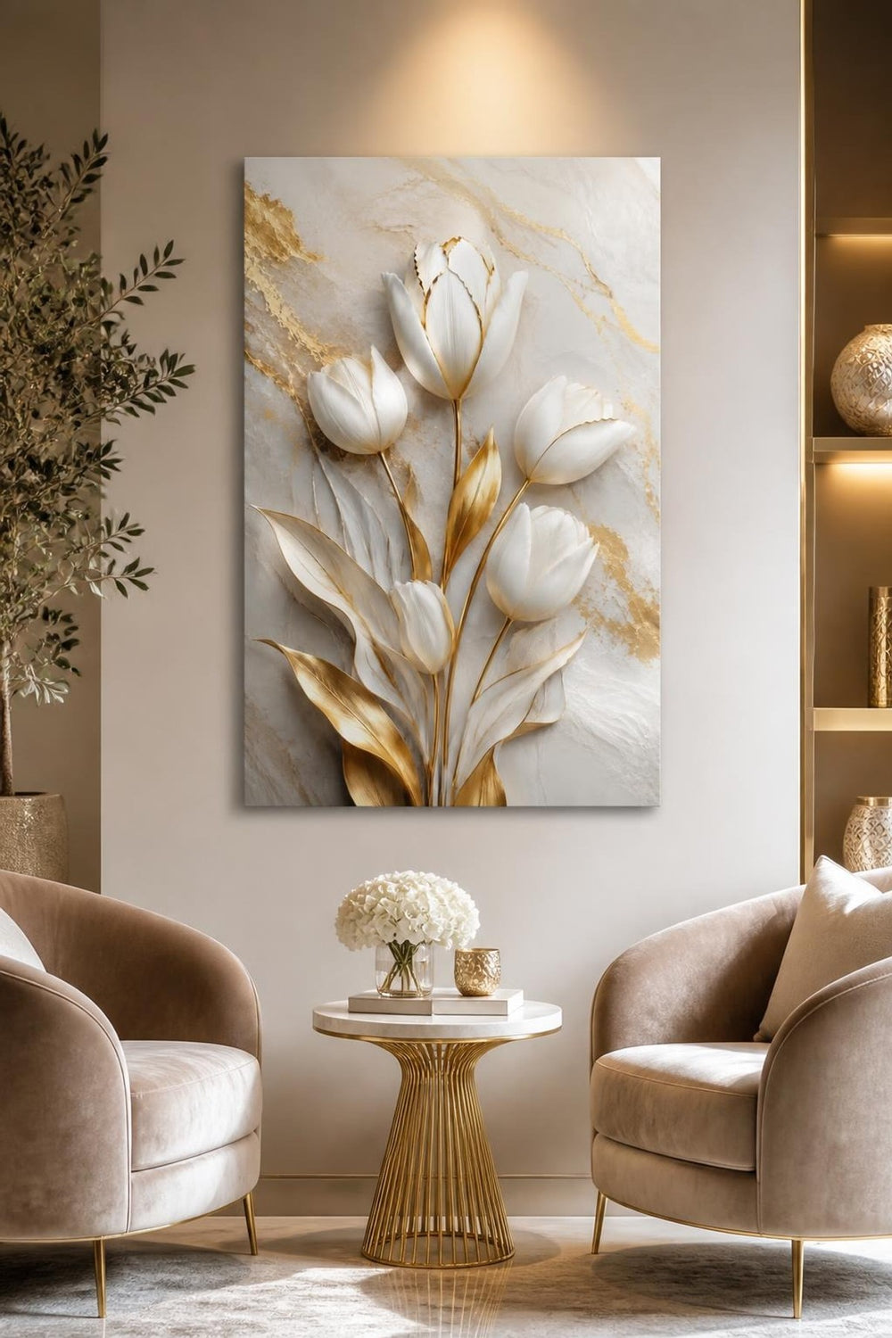 Beyaz Lale Desenli Baskılı Cam Tablo – Gold Detaylı UV Baskı Duvar Dekoru — görsel 5