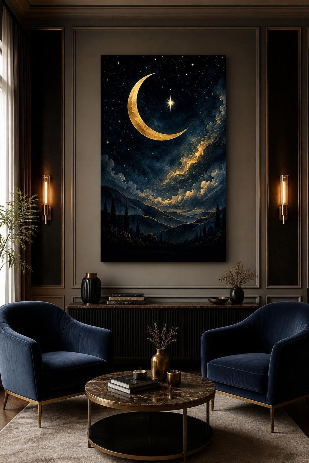 Hilal ve Yıldız Desenli Baskılı Cam Tablo – Gold Gece Gökyüzü Duvar Dekoru — görsel 4