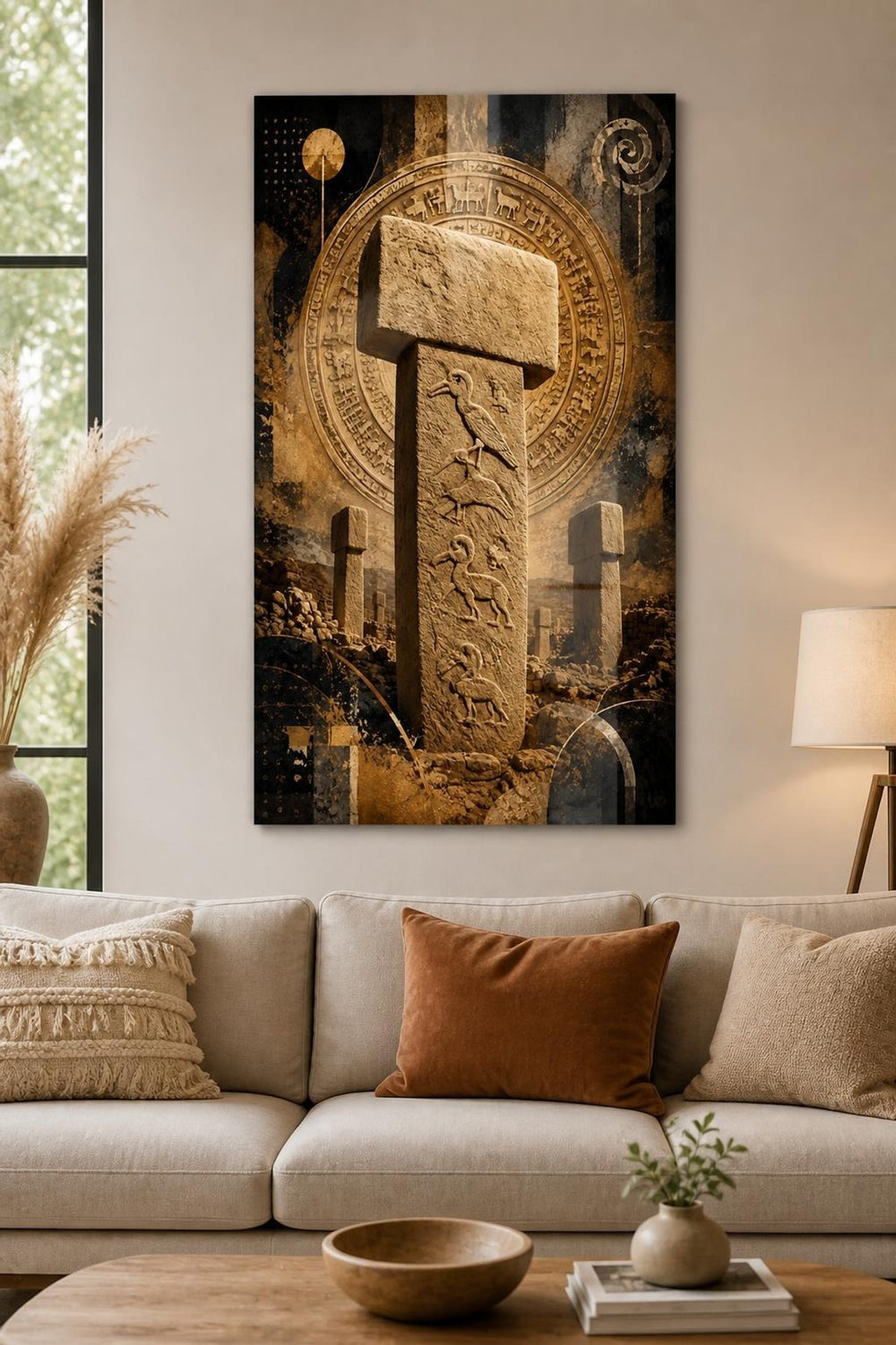 Göbeklitepe Desenli Baskılı Cam Tablo – Antik Taş Anıt UV Baskı Duvar Dekoru — görsel 1