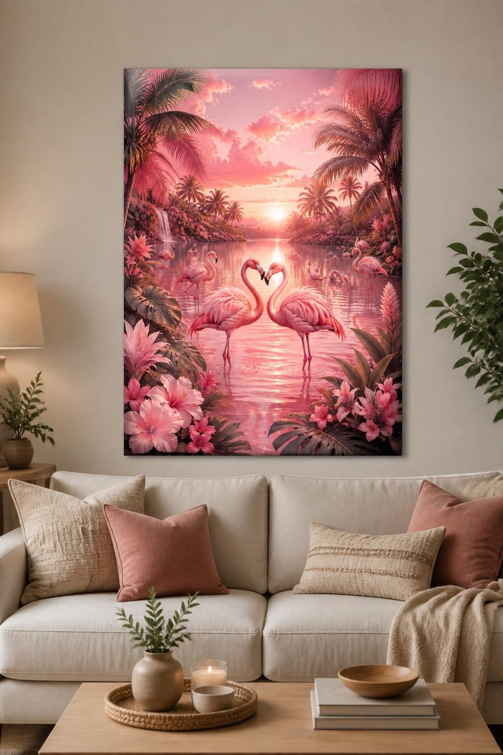 Flamingo Desenli Baskılı Cam Tablo – Pembe Tropikal UV Baskı Duvar Dekoru — görsel 1