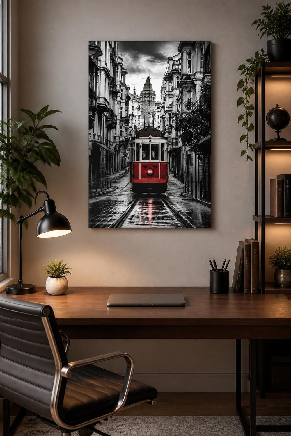 İstanbul Tramvay Baskılı Cam Tablo – Galata Kulesi Şehir Manzarası UV Baskı — görsel 2
