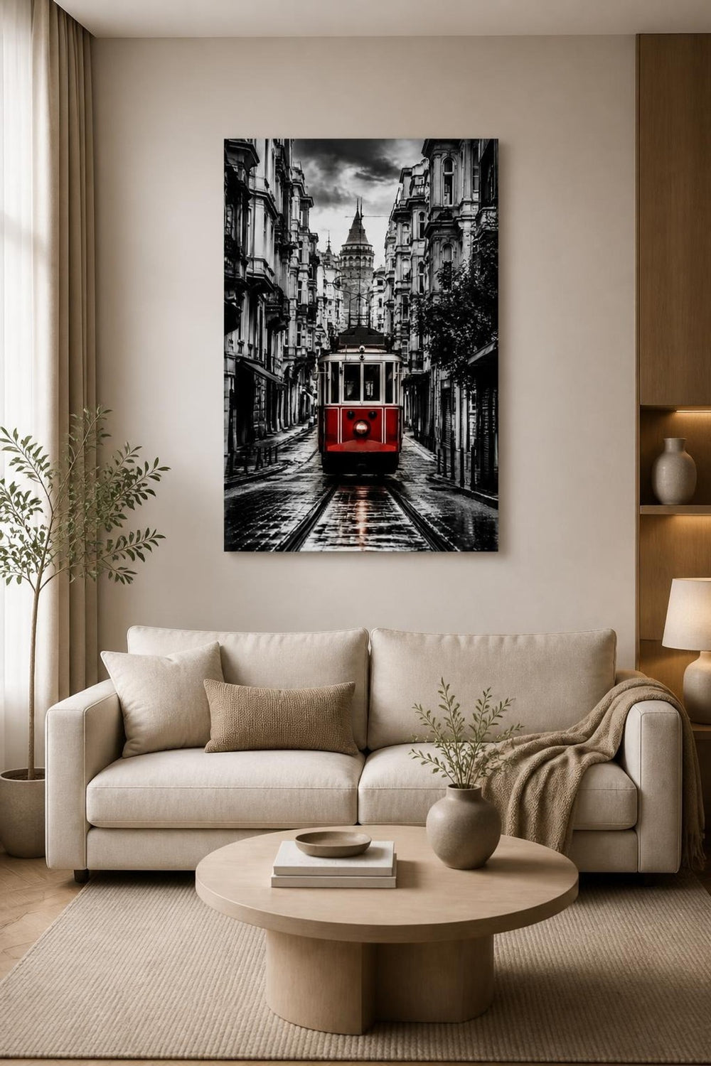 İstanbul Tramvay Baskılı Cam Tablo – Galata Kulesi Şehir Manzarası UV Baskı — görsel 1