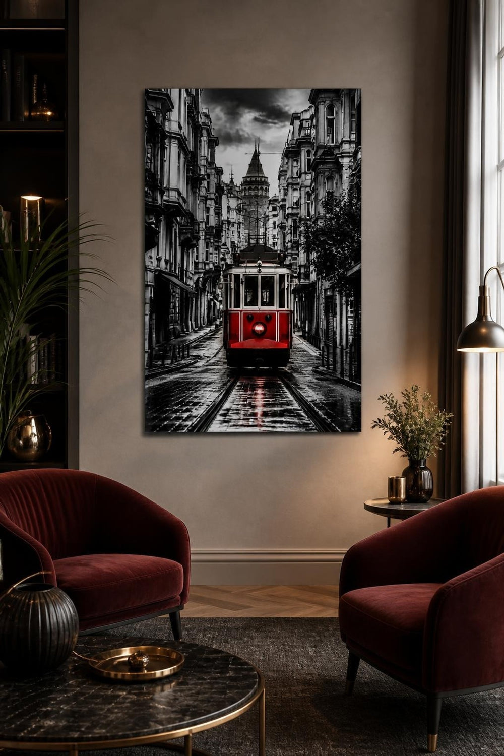 İstanbul Tramvay Baskılı Cam Tablo – Galata Kulesi Şehir Manzarası UV Baskı — görsel 4