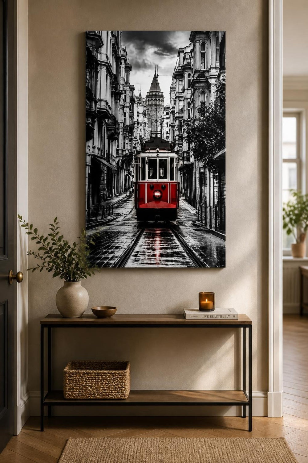 İstanbul Tramvay Baskılı Cam Tablo – Galata Kulesi Şehir Manzarası UV Baskı — görsel 3