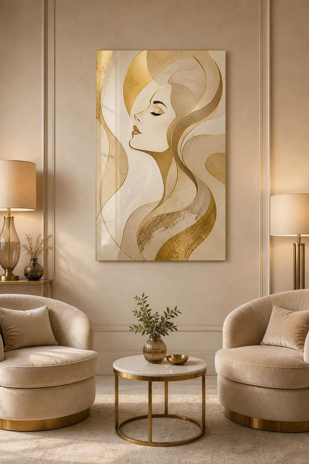 Kadın Portre Desenli Baskılı Cam Tablo – Gold Detaylı Modern Duvar Tablosu — görsel 3