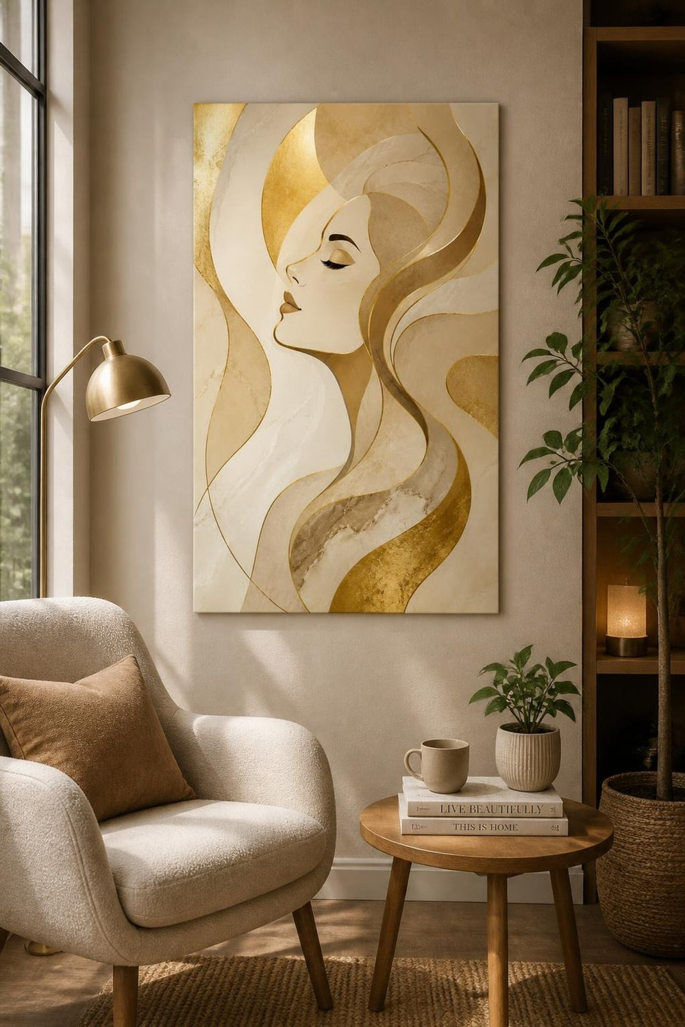 Kadın Portre Desenli Baskılı Cam Tablo – Gold Detaylı Modern Duvar Tablosu — görsel 5