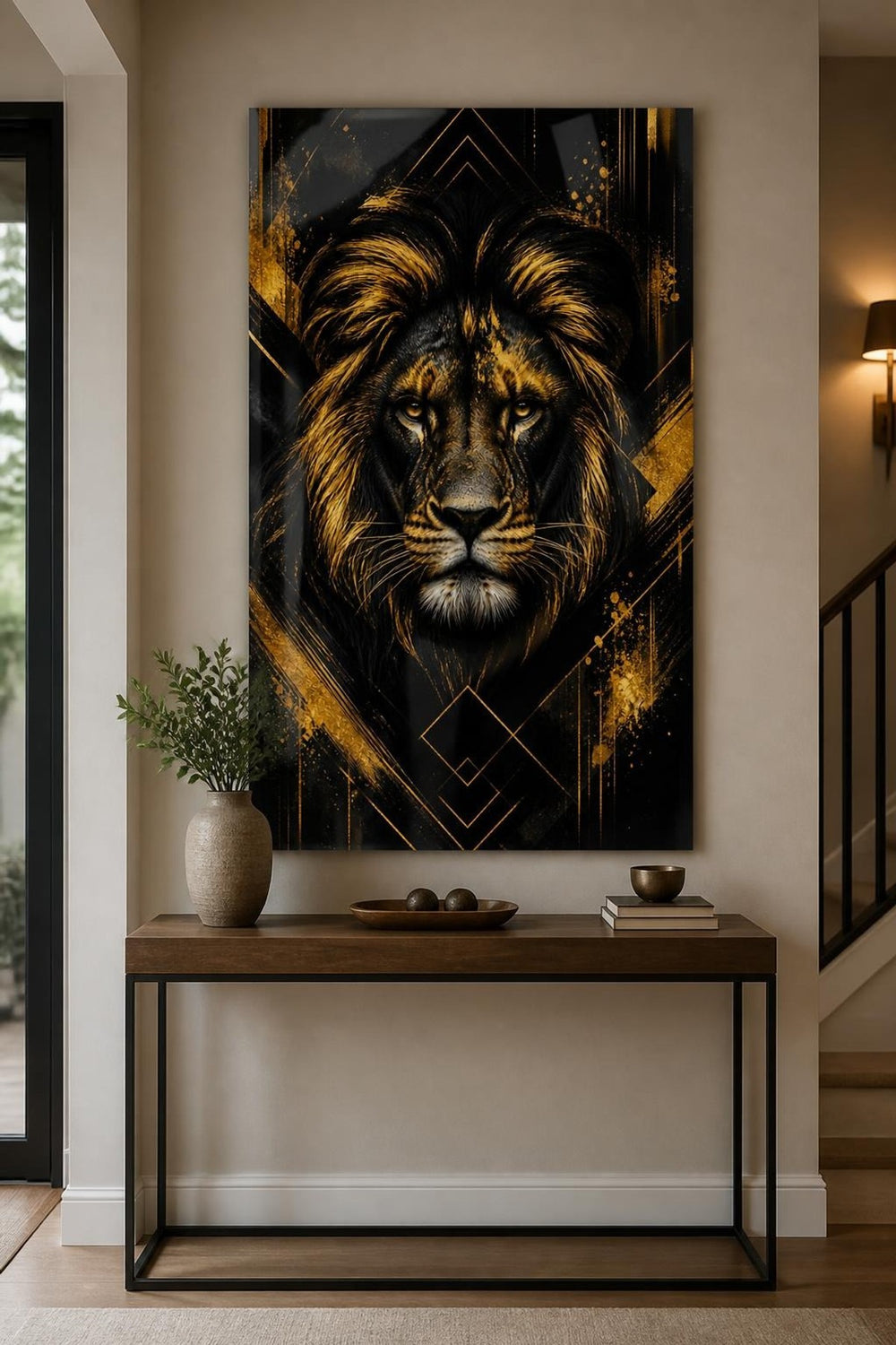 Aslan Desenli Baskılı Cam Tablo – Siyah Gold UV Baskı Dekoratif Duvar Tablosu — görsel 1