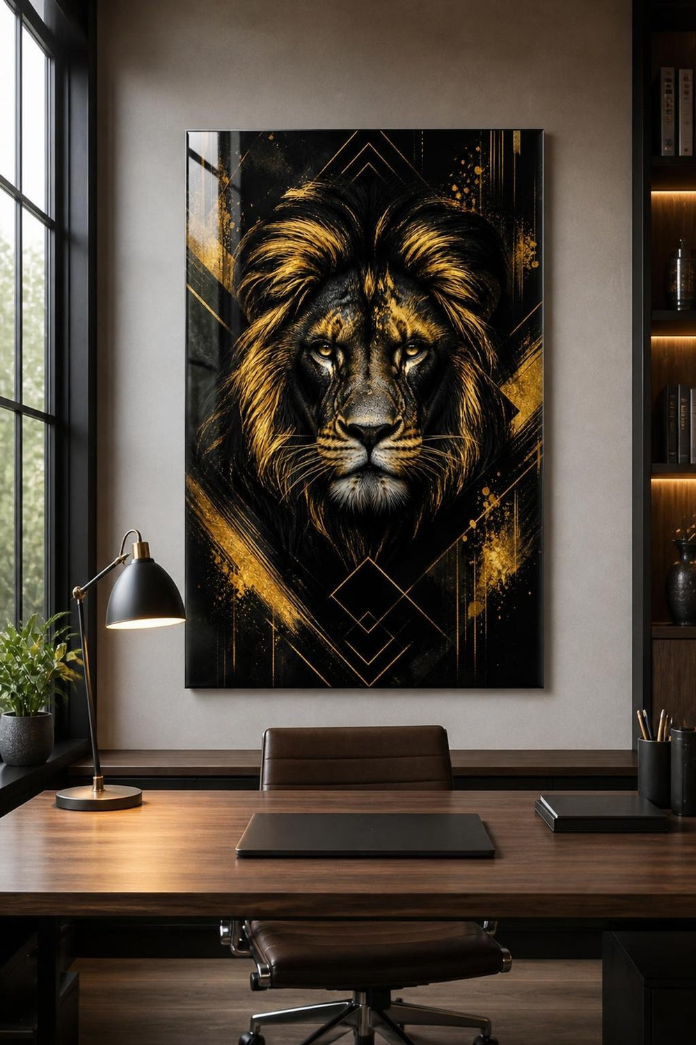 Aslan Desenli Baskılı Cam Tablo – Siyah Gold UV Baskı Dekoratif Duvar Tablosu — görsel 2