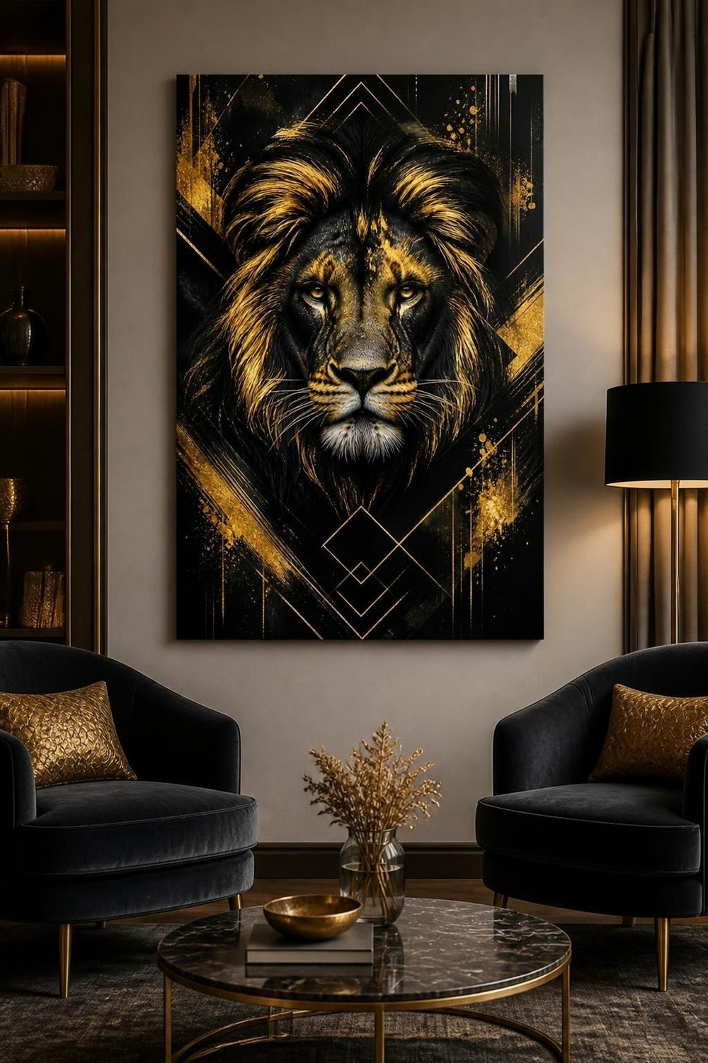 Aslan Desenli Baskılı Cam Tablo – Siyah Gold UV Baskı Dekoratif Duvar Tablosu — görsel 5