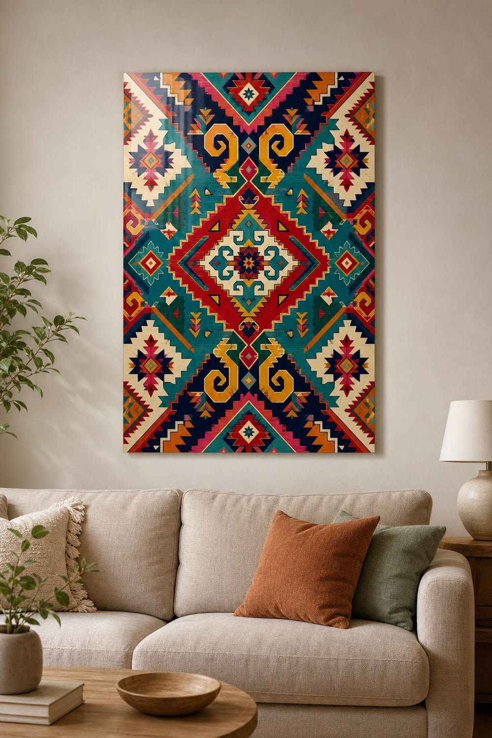 Etnik Kilim Desenli Baskılı Cam Tablo – Renkli Geometrik Dekoratif Duvar Tablosu — görsel 1