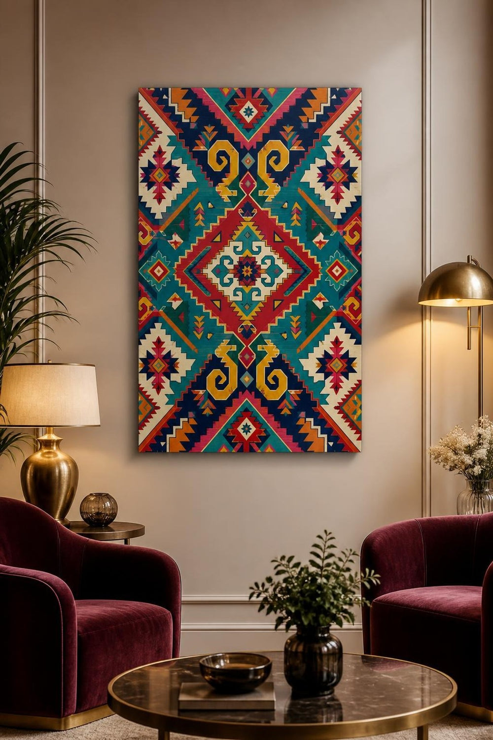 Etnik Kilim Desenli Baskılı Cam Tablo – Renkli Geometrik Dekoratif Duvar Tablosu — görsel 4