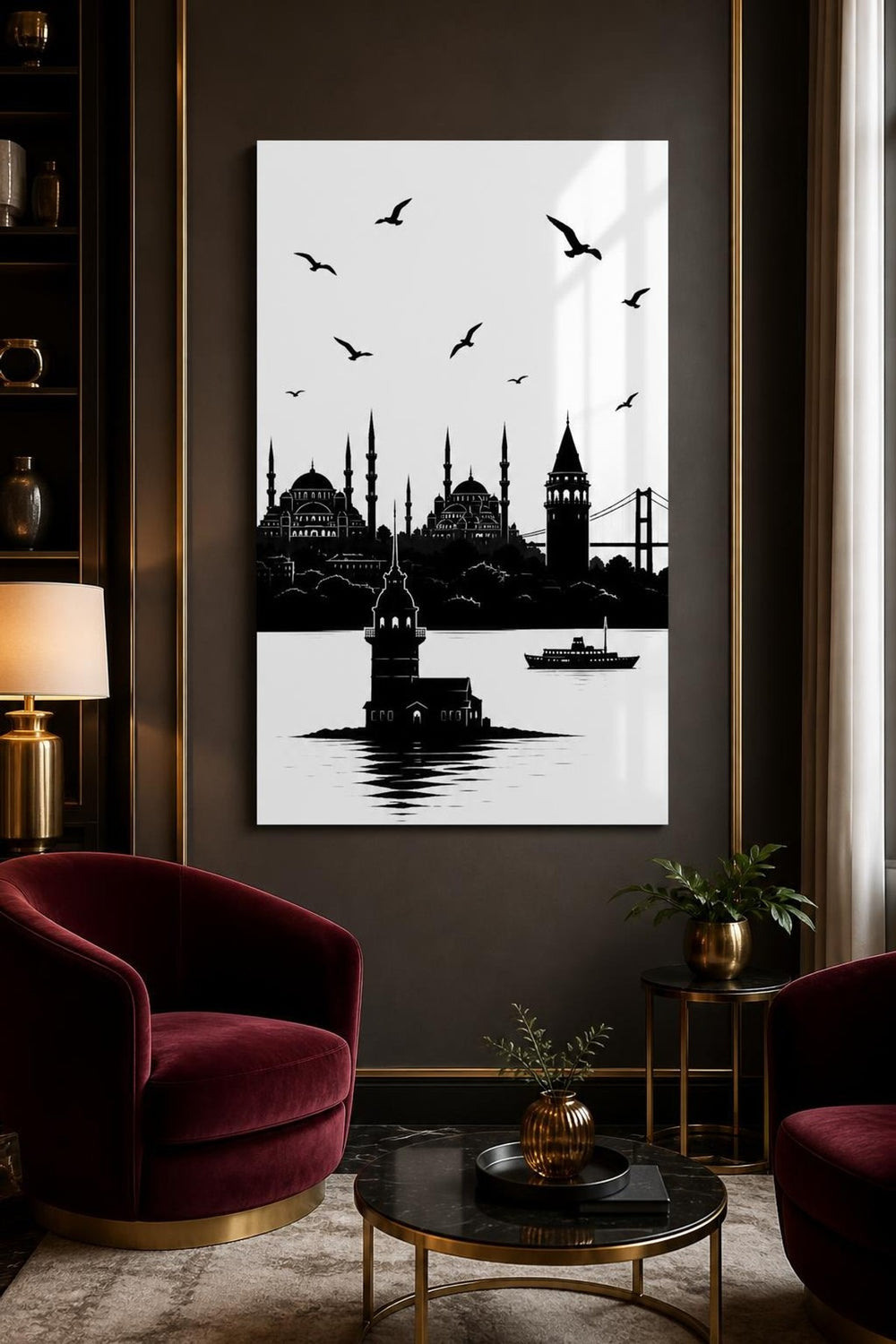 İstanbul Silüeti Baskılı Cam Tablo – Siyah Beyaz UV Baskı Dekoratif Duvar Tablosu — görsel 2