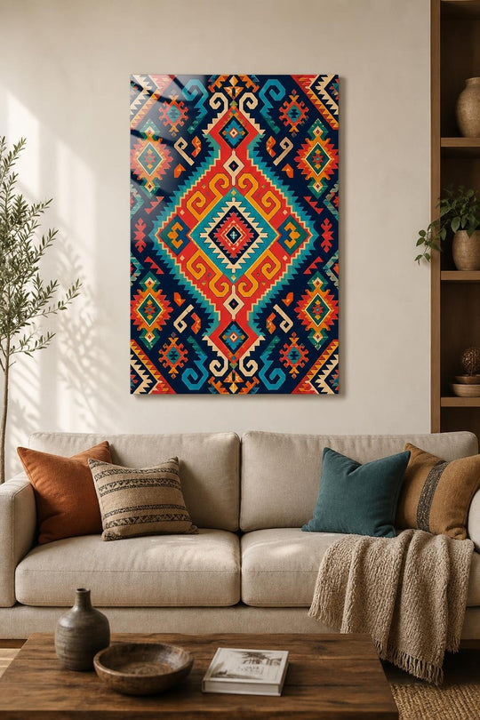 Etnik Kilim Desenli Baskılı Cam Tablo – Renkli Geometrik Dekoratif Duvar Tablosu — görsel 1