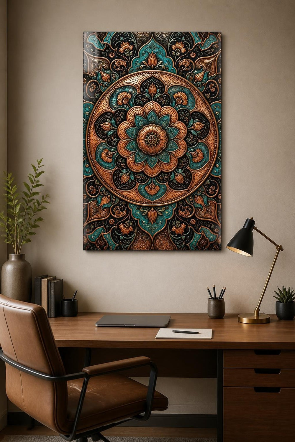 Otantik Mandala Desenli Baskılı Cam Tablo – Turkuaz Bakır Dekoratif Duvar Tablosu — görsel 2