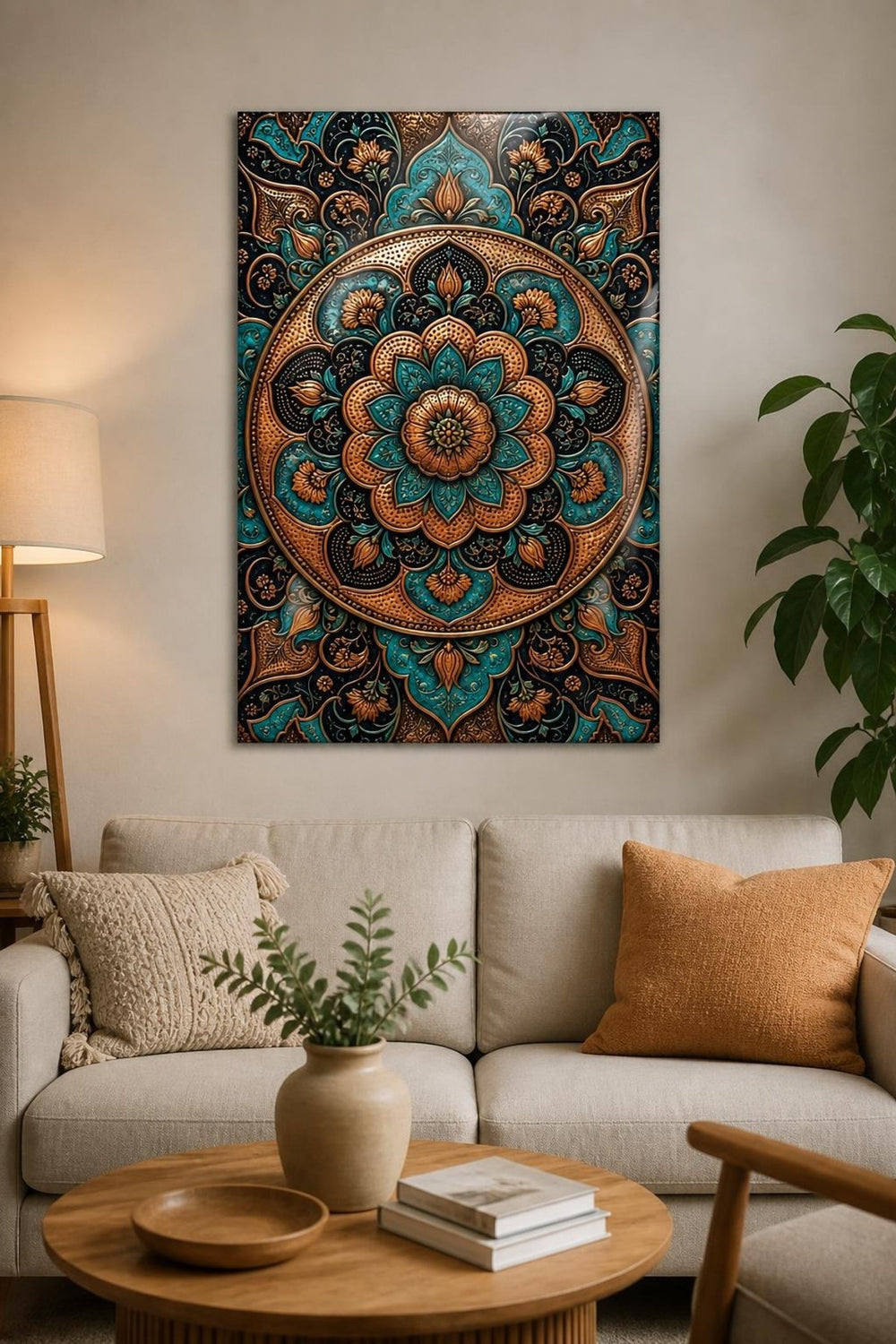 Otantik Mandala Desenli Baskılı Cam Tablo – Turkuaz Bakır Dekoratif Duvar Tablosu — görsel 1