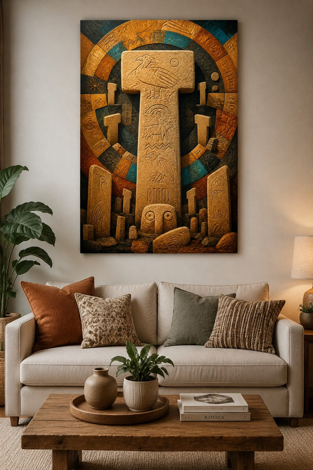Göbeklitepe Motifli Baskılı Cam Tablo – Taş Desenli Arkeolojik Duvar Dekoru — görsel 3
