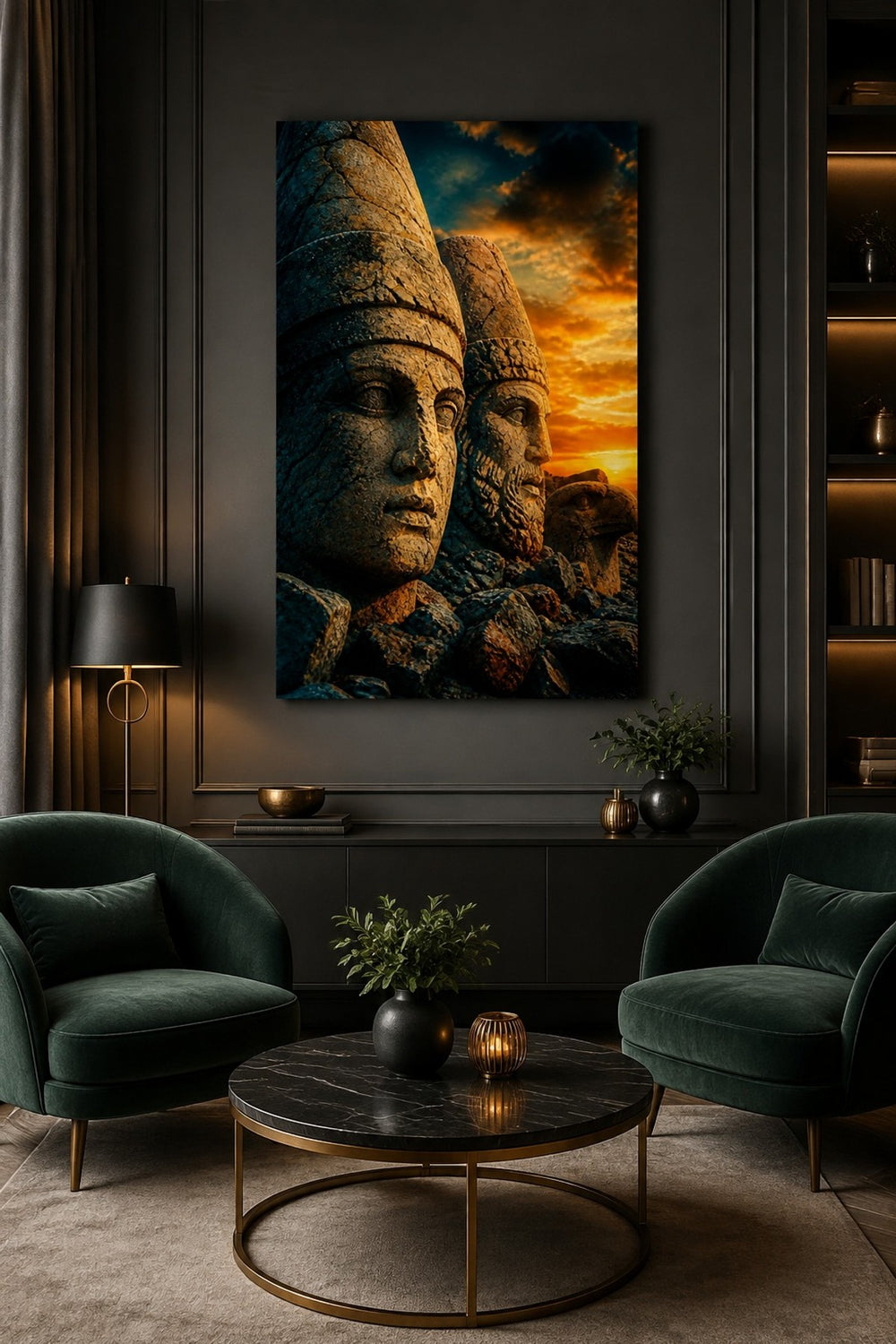 Nemrut Heykel Başları Baskılı Cam Tablo – Premium Taş Dokulu Duvar Dekoru — görsel 3
