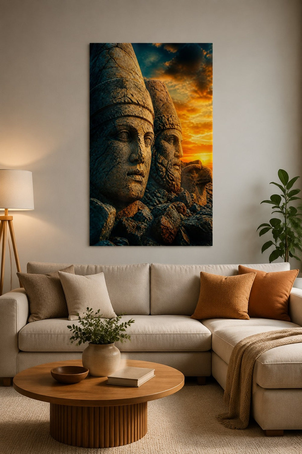 Nemrut Heykel Başları Baskılı Cam Tablo – Premium Taş Dokulu Duvar Dekoru — görsel 2
