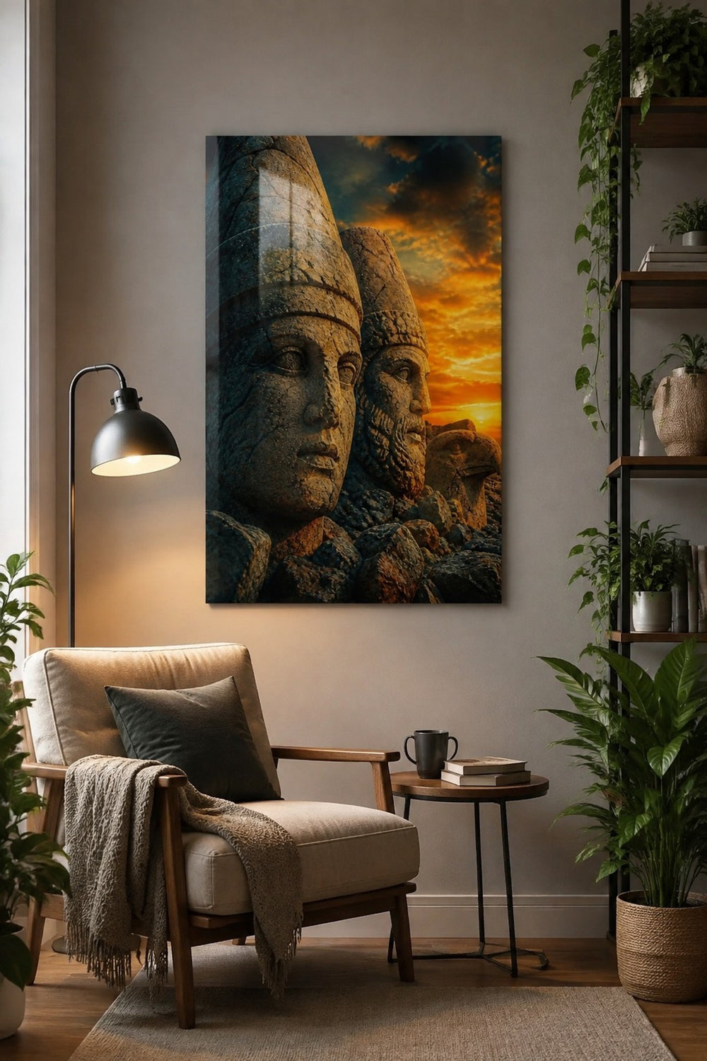 Nemrut Heykel Başları Baskılı Cam Tablo – Premium Taş Dokulu Duvar Dekoru — görsel 4
