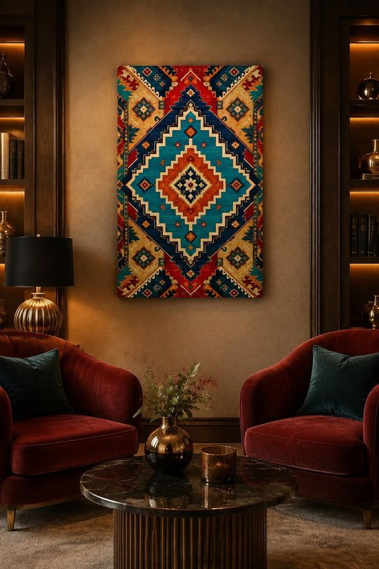 Türk Halı Desenli Baskılı Cam Tablo – Boho Modern Dekoratif Duvar Tablosu — görsel 1