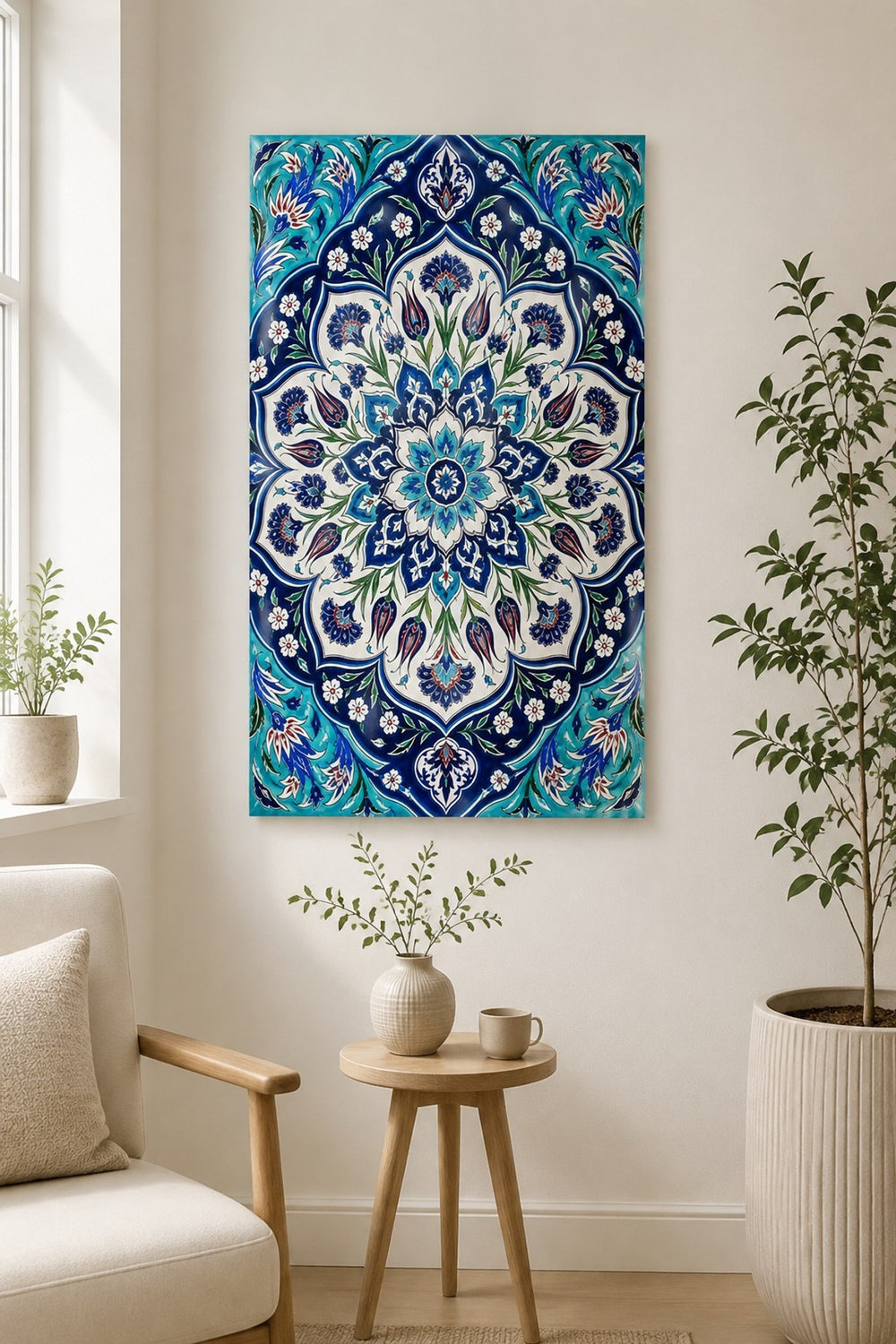 Çini Mandala Desenli Baskılı Cam Tablo – Turkuaz Lacivert Dekoratif Duvar Tablosu — görsel 5
