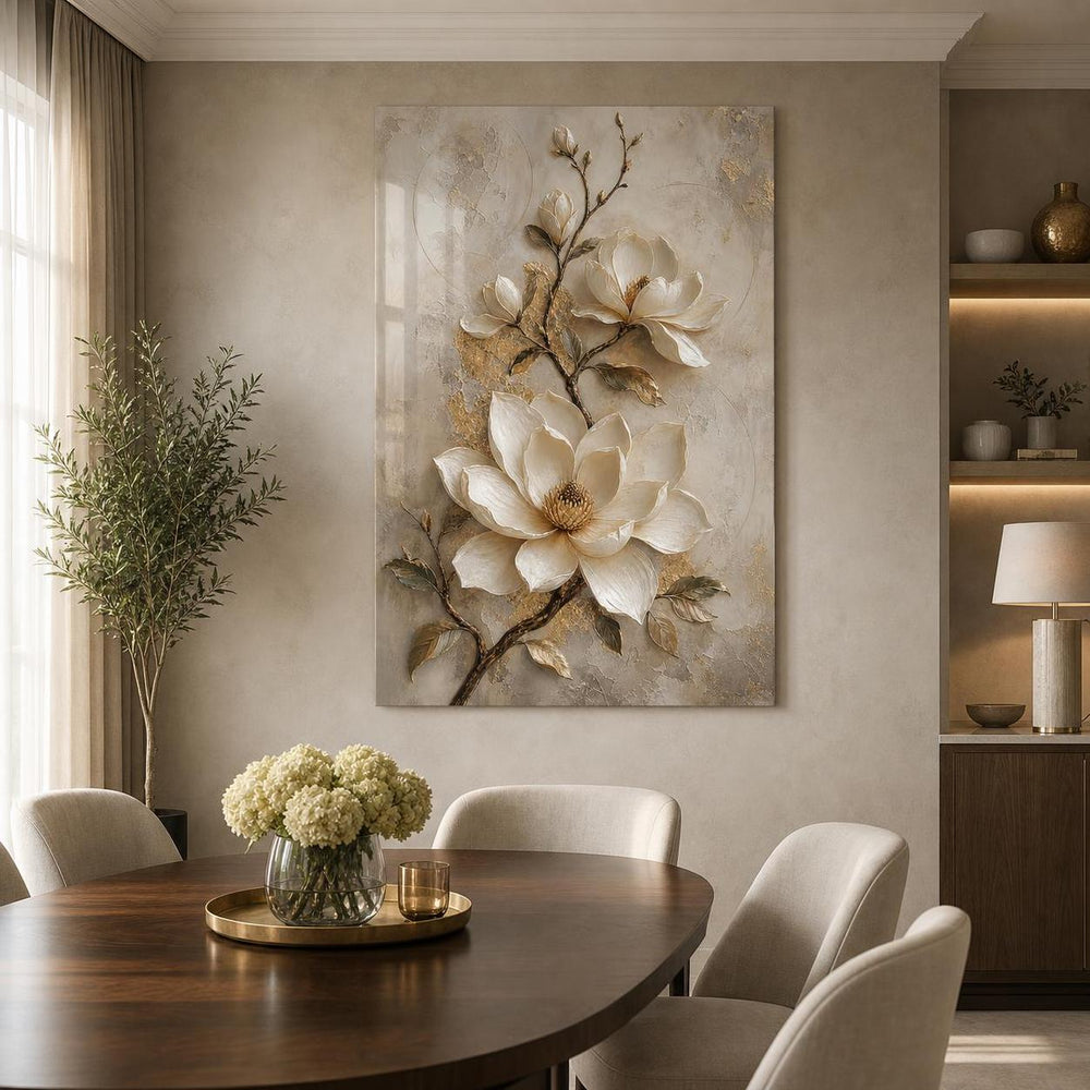 Beyaz Manolya Çiçek Baskılı Cam Tablo – Gold Detaylı Dekoratif Duvar Tablosu — görsel 5