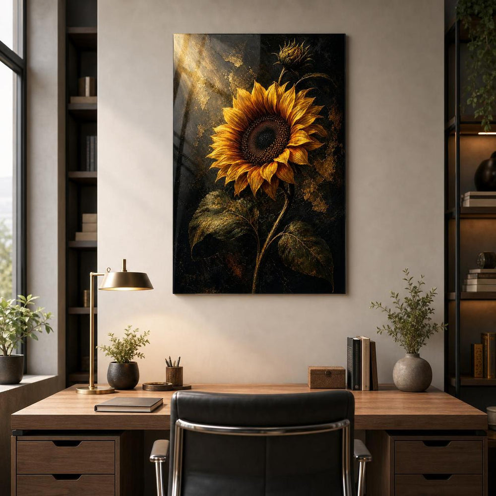 Ayçiçeği Desenli Baskılı Cam Tablo – Gold Detaylı Dekoratif Duvar Tablosu — görsel 1