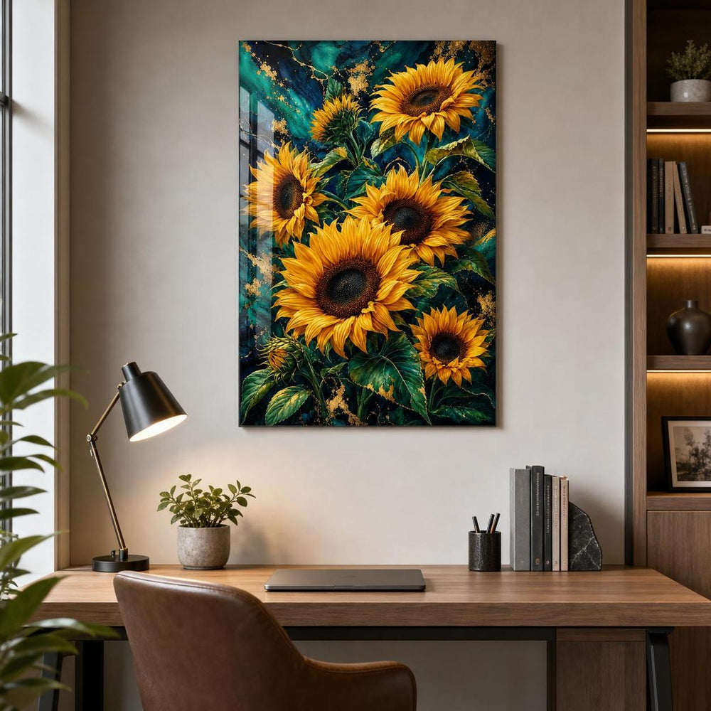 Ayçiçeği Desenli Baskılı Cam Tablo – Gold Detaylı Dekoratif Duvar Tablosu — görsel 2